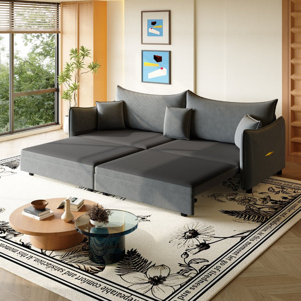 English Elm 81.9" King Velvet Sleeper Sofa with Gold Trim Converts From Couch to Flat Bed Dark Grey W1885S00538