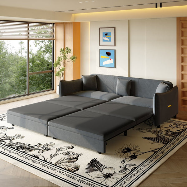 English Elm 81.9" King Velvet Sleeper Sofa with Gold Trim Converts From Couch to Flat Bed Dark Grey W1885S00538