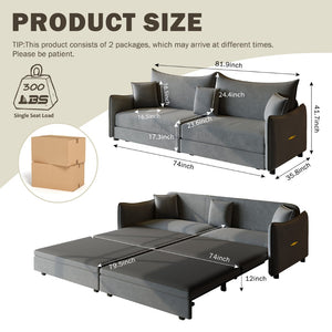 English Elm 81.9" King Velvet Sleeper Sofa with Gold Trim Converts From Couch to Flat Bed Dark Grey W1885S00538