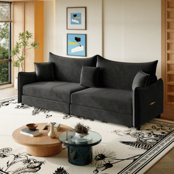 English Elm 81.9" King Velvet Sleeper Sofa with Gold Trim Converts From Couch to Flat Bed Black W1885S00539