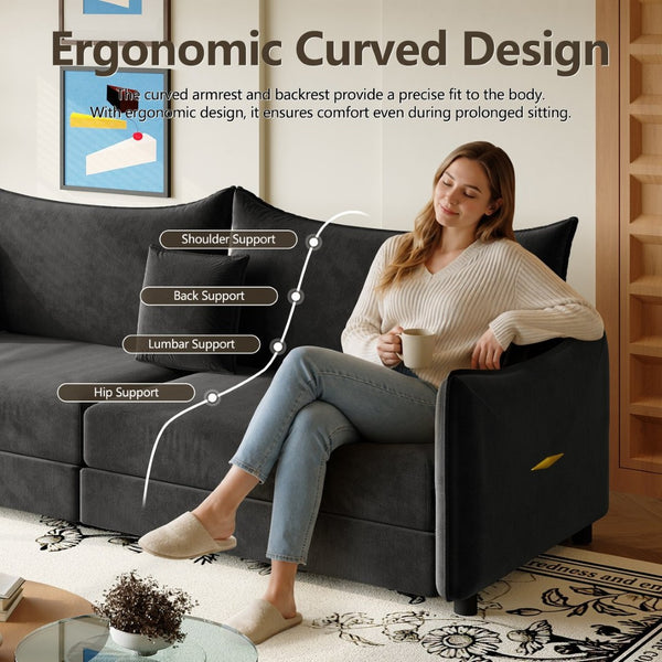 English Elm 81.9" King Velvet Sleeper Sofa with Gold Trim Converts From Couch to Flat Bed Black W1885S00539