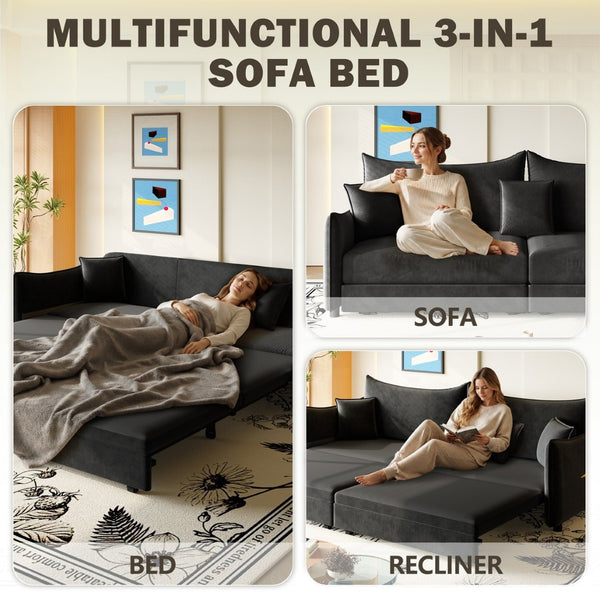 English Elm 81.9" King Velvet Sleeper Sofa with Gold Trim Converts From Couch to Flat Bed Black W1885S00539
