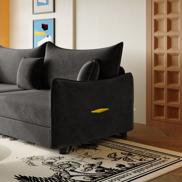 English Elm 81.9" King Velvet Sleeper Sofa with Gold Trim Converts From Couch to Flat Bed Black W1885S00539