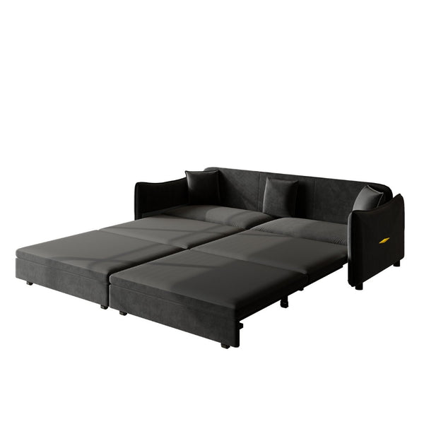 English Elm 81.9" King Velvet Sleeper Sofa with Gold Trim Converts From Couch to Flat Bed Black W1885S00539
