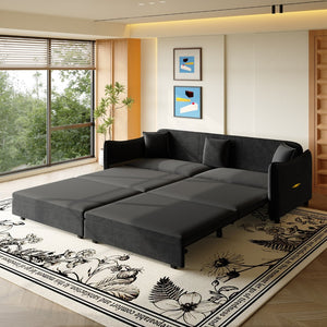 English Elm 81.9" King Velvet Sleeper Sofa with Gold Trim Converts From Couch to Flat Bed Black W1885S00539