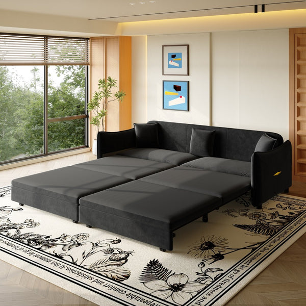 English Elm 81.9" King Velvet Sleeper Sofa with Gold Trim Converts From Couch to Flat Bed Black W1885S00539