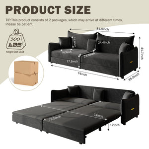 English Elm 81.9" King Velvet Sleeper Sofa with Gold Trim Converts From Couch to Flat Bed Black W1885S00539