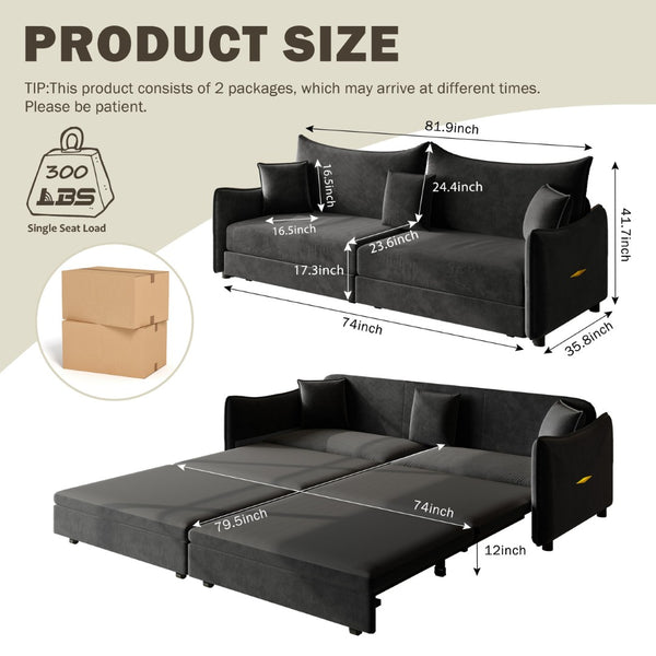 English Elm 81.9" King Velvet Sleeper Sofa with Gold Trim Converts From Couch to Flat Bed Black W1885S00539