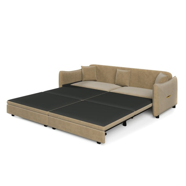 English Elm 81.9" King Velvet Sleeper Sofa with Gold Trim Converts From Couch to Flat Bed Camel W1885S00540