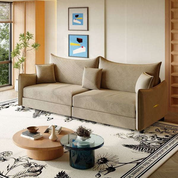 English Elm 81.9" King Velvet Sleeper Sofa with Gold Trim Converts From Couch to Flat Bed Camel W1885S00540