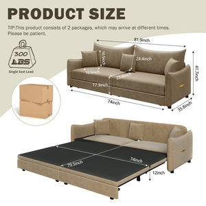 English Elm 81.9" King Velvet Sleeper Sofa with Gold Trim Converts From Couch to Flat Bed Camel W1885S00540