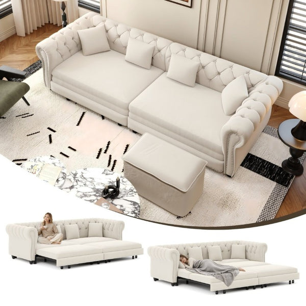 English Elm Chesterfield Velvet Sleeper Sofa with Tufted Arms and Detachable Ottoman for Living Rooms Beige+White W1885S00541