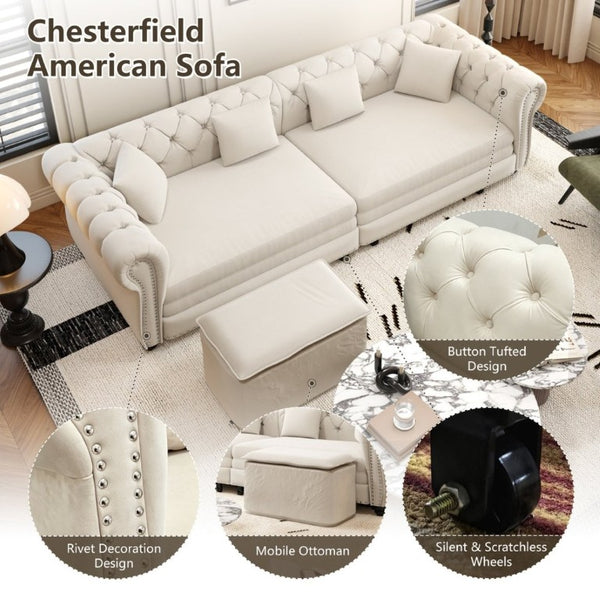 English Elm Chesterfield Velvet Sleeper Sofa with Tufted Arms and Detachable Ottoman for Living Rooms Beige+White W1885S00541