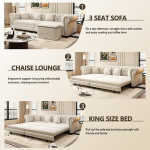English Elm Chesterfield Velvet Sleeper Sofa with Tufted Arms and Detachable Ottoman for Living Rooms Beige+White W1885S00541