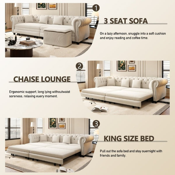 English Elm Chesterfield Velvet Sleeper Sofa with Tufted Arms and Detachable Ottoman for Living Rooms Beige+White W1885S00541