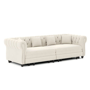 English Elm Chesterfield Velvet Sleeper Sofa with Tufted Arms and Detachable Ottoman for Living Rooms Beige+White W1885S00541