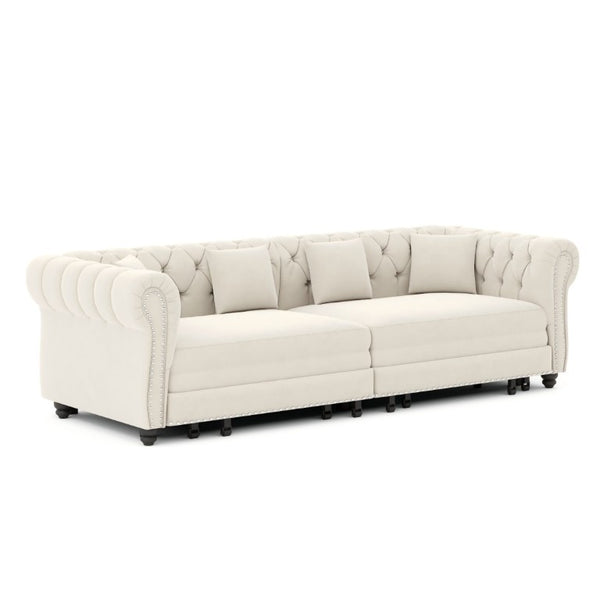 English Elm Chesterfield Velvet Sleeper Sofa with Tufted Arms and Detachable Ottoman for Living Rooms Beige+White W1885S00541