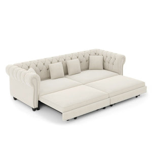 English Elm Chesterfield Velvet Sleeper Sofa with Tufted Arms and Detachable Ottoman for Living Rooms Beige+White W1885S00541
