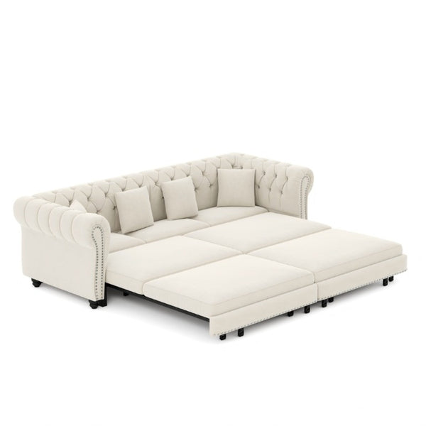 English Elm Chesterfield Velvet Sleeper Sofa with Tufted Arms and Detachable Ottoman for Living Rooms Beige+White W1885S00541