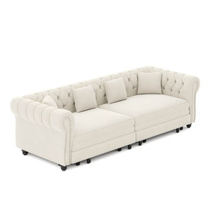 English Elm Chesterfield Velvet Sleeper Sofa with Tufted Arms and Detachable Ottoman for Living Rooms Beige+White W1885S00541