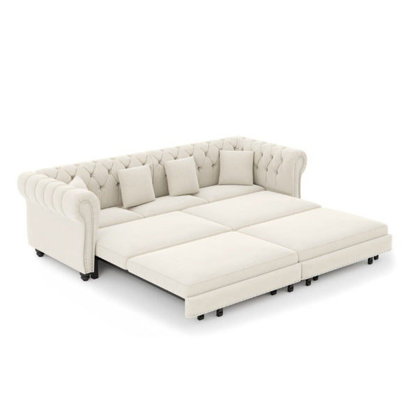 English Elm Chesterfield Velvet Sleeper Sofa with Tufted Arms and Detachable Ottoman for Living Rooms Beige+White W1885S00541