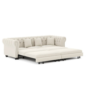 English Elm Chesterfield Velvet Sleeper Sofa with Tufted Arms and Detachable Ottoman for Living Rooms Beige+White W1885S00541