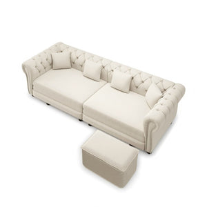 English Elm Chesterfield Velvet Sleeper Sofa with Tufted Arms and Detachable Ottoman for Living Rooms Beige+White W1885S00541