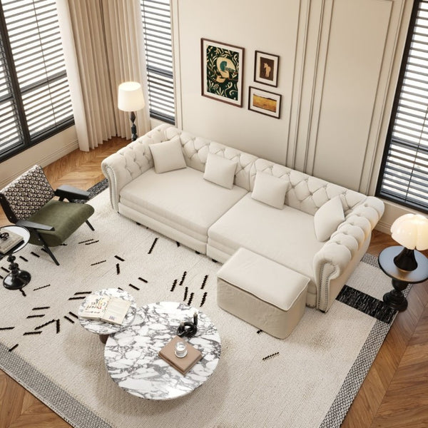 English Elm Chesterfield Velvet Sleeper Sofa with Tufted Arms and Detachable Ottoman for Living Rooms Beige+White W1885S00541