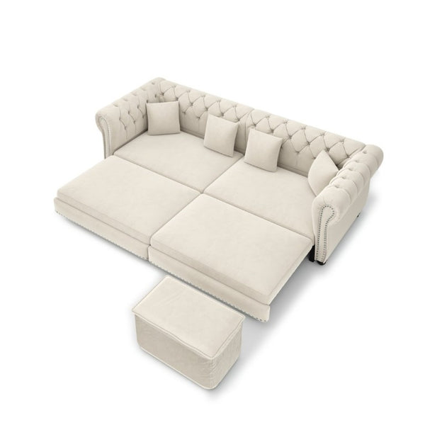 English Elm Chesterfield Velvet Sleeper Sofa with Tufted Arms and Detachable Ottoman for Living Rooms Beige+White W1885S00541