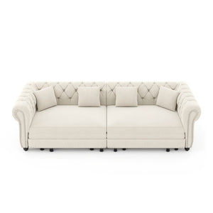English Elm Chesterfield Velvet Sleeper Sofa with Tufted Arms and Detachable Ottoman for Living Rooms Beige+White W1885S00541