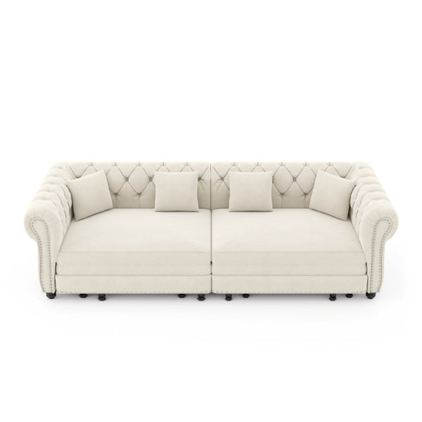 English Elm Chesterfield Velvet Sleeper Sofa with Tufted Arms and Detachable Ottoman for Living Rooms Beige+White W1885S00541