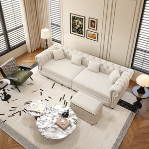 English Elm Chesterfield Velvet Sleeper Sofa with Tufted Arms and Detachable Ottoman for Living Rooms Beige+White W1885S00541