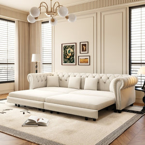 English Elm Chesterfield Velvet Sleeper Sofa with Tufted Arms and Detachable Ottoman for Living Rooms Beige+White W1885S00541