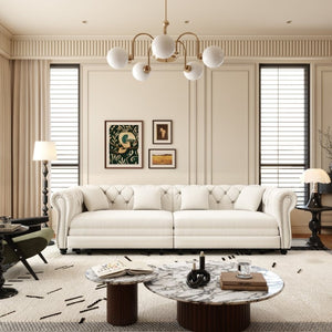 English Elm Chesterfield Velvet Sleeper Sofa with Tufted Arms and Detachable Ottoman for Living Rooms Beige+White W1885S00541