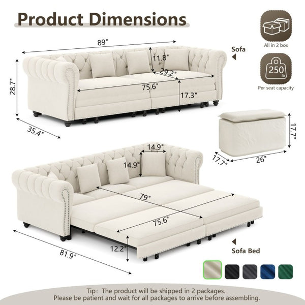 English Elm Chesterfield Velvet Sleeper Sofa with Tufted Arms and Detachable Ottoman for Living Rooms Beige+White W1885S00541