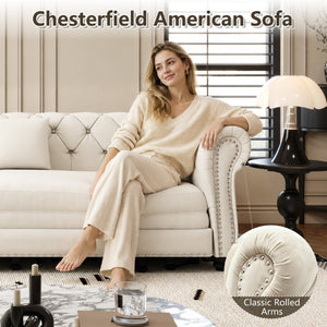 English Elm Chesterfield Velvet Sleeper Sofa with Tufted Arms and Detachable Ottoman for Living Rooms Beige+White W1885S00541