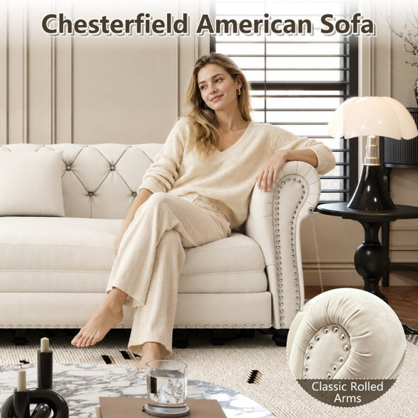 English Elm Chesterfield Velvet Sleeper Sofa with Tufted Arms and Detachable Ottoman for Living Rooms Beige+White W1885S00541