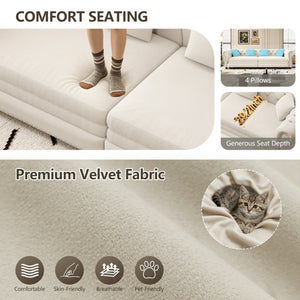 English Elm Chesterfield Velvet Sleeper Sofa with Tufted Arms and Detachable Ottoman for Living Rooms Beige+White W1885S00541