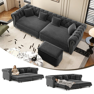 English Elm Chesterfield Velvet Sleeper Sofa Tufted 3 Seat Convertible Bed with Movable Ottoman Grey W1885S00542