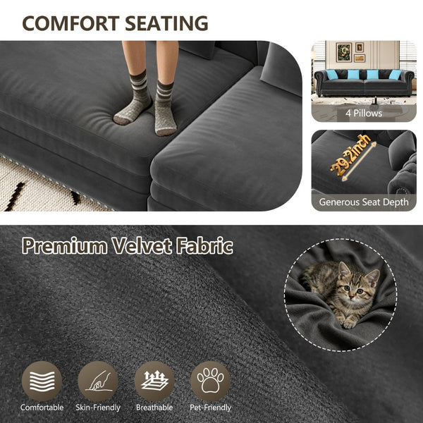 English Elm Chesterfield Velvet Sleeper Sofa Tufted 3 Seat Convertible Bed with Movable Ottoman Grey W1885S00542