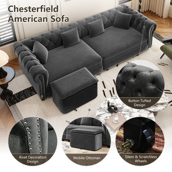 English Elm Chesterfield Velvet Sleeper Sofa Tufted 3 Seat Convertible Bed with Movable Ottoman Grey W1885S00542