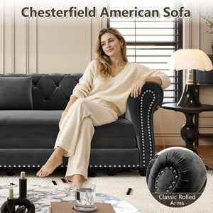 English Elm Chesterfield Velvet Sleeper Sofa Tufted 3 Seat Convertible Bed with Movable Ottoman Grey W1885S00542