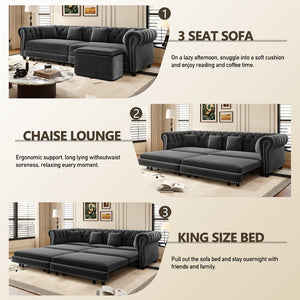 English Elm Chesterfield Velvet Sleeper Sofa Tufted 3 Seat Convertible Bed with Movable Ottoman Grey W1885S00542