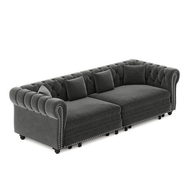 English Elm Chesterfield Velvet Sleeper Sofa Tufted 3 Seat Convertible Bed with Movable Ottoman Grey W1885S00542