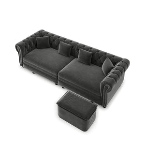 English Elm Chesterfield Velvet Sleeper Sofa Tufted 3 Seat Convertible Bed with Movable Ottoman Grey W1885S00542