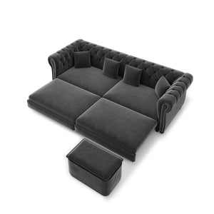 English Elm Chesterfield Velvet Sleeper Sofa Tufted 3 Seat Convertible Bed with Movable Ottoman Grey W1885S00542