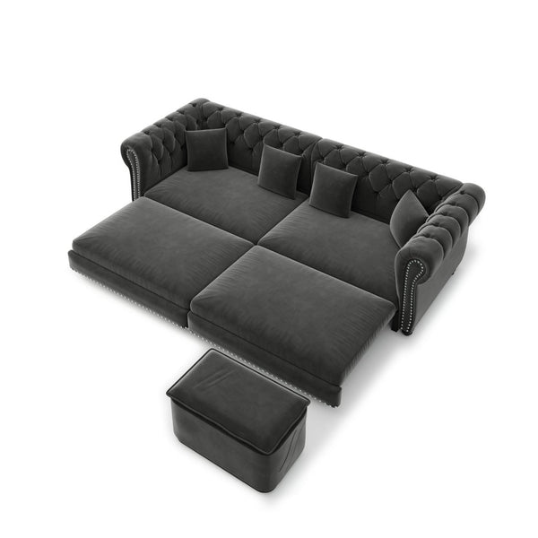 English Elm Chesterfield Velvet Sleeper Sofa Tufted 3 Seat Convertible Bed with Movable Ottoman Grey W1885S00542