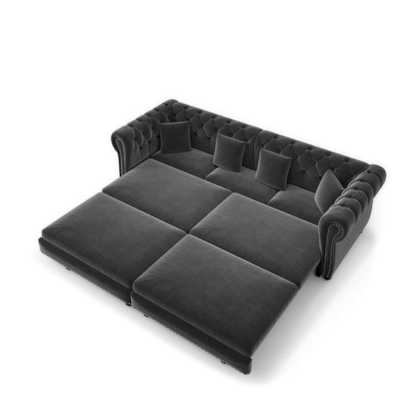 English Elm Chesterfield Velvet Sleeper Sofa Tufted 3 Seat Convertible Bed with Movable Ottoman Grey W1885S00542