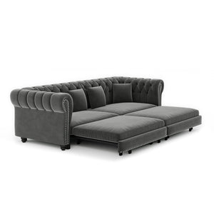 English Elm Chesterfield Velvet Sleeper Sofa Tufted 3 Seat Convertible Bed with Movable Ottoman Grey W1885S00542