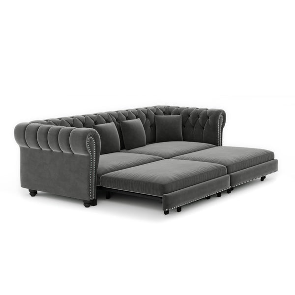 English Elm Chesterfield Velvet Sleeper Sofa Tufted 3 Seat Convertible Bed with Movable Ottoman Grey W1885S00542